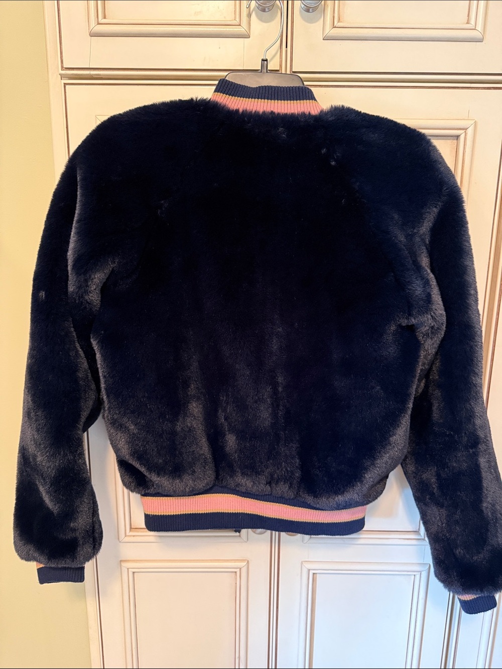 MOTHER Blue Teddy Faux Fur Varsity Jacket with Pink Accents & Leopard lining - Picture 6 of 6
